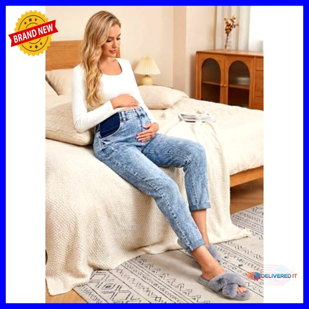 Maternity Jeans Elastic Waist Skinny Ripped Cropped Pants - Picture 5 of 7